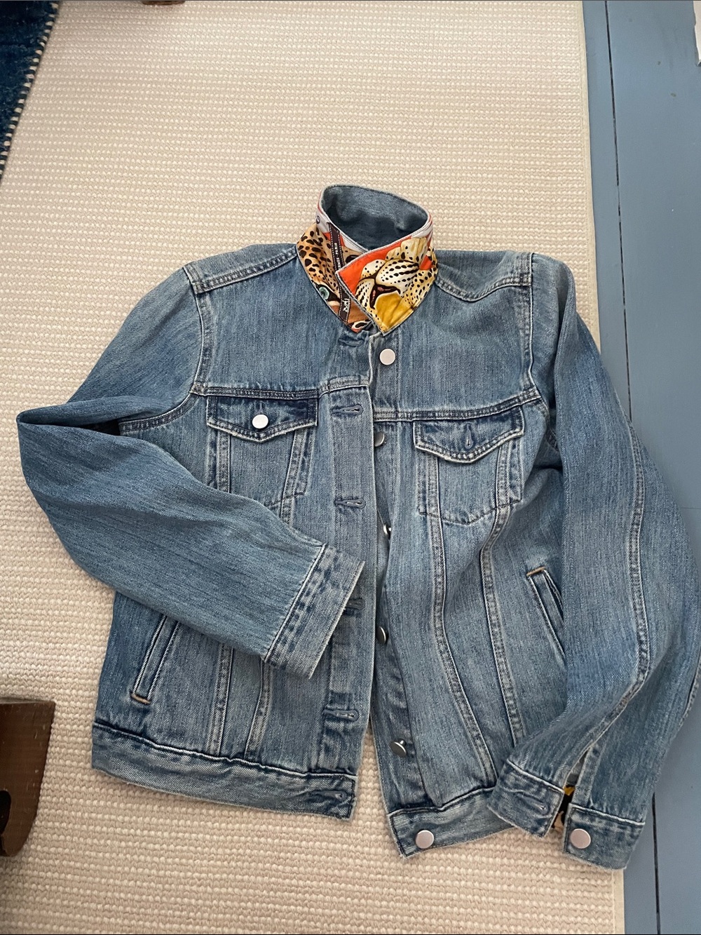 Hermes Blue Denim Jacket with Orange and Leopard Print Panel
